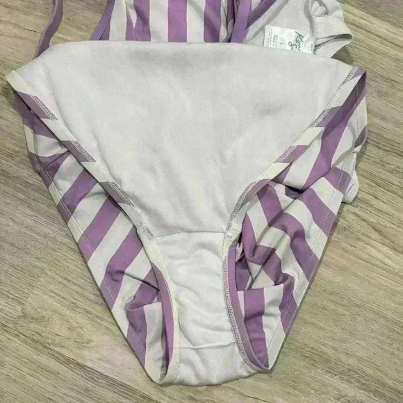 Kona Sol Purple Stripe V Neck Low Back High Leg One Piece Swimsuit Size L - Picture 6 of 9